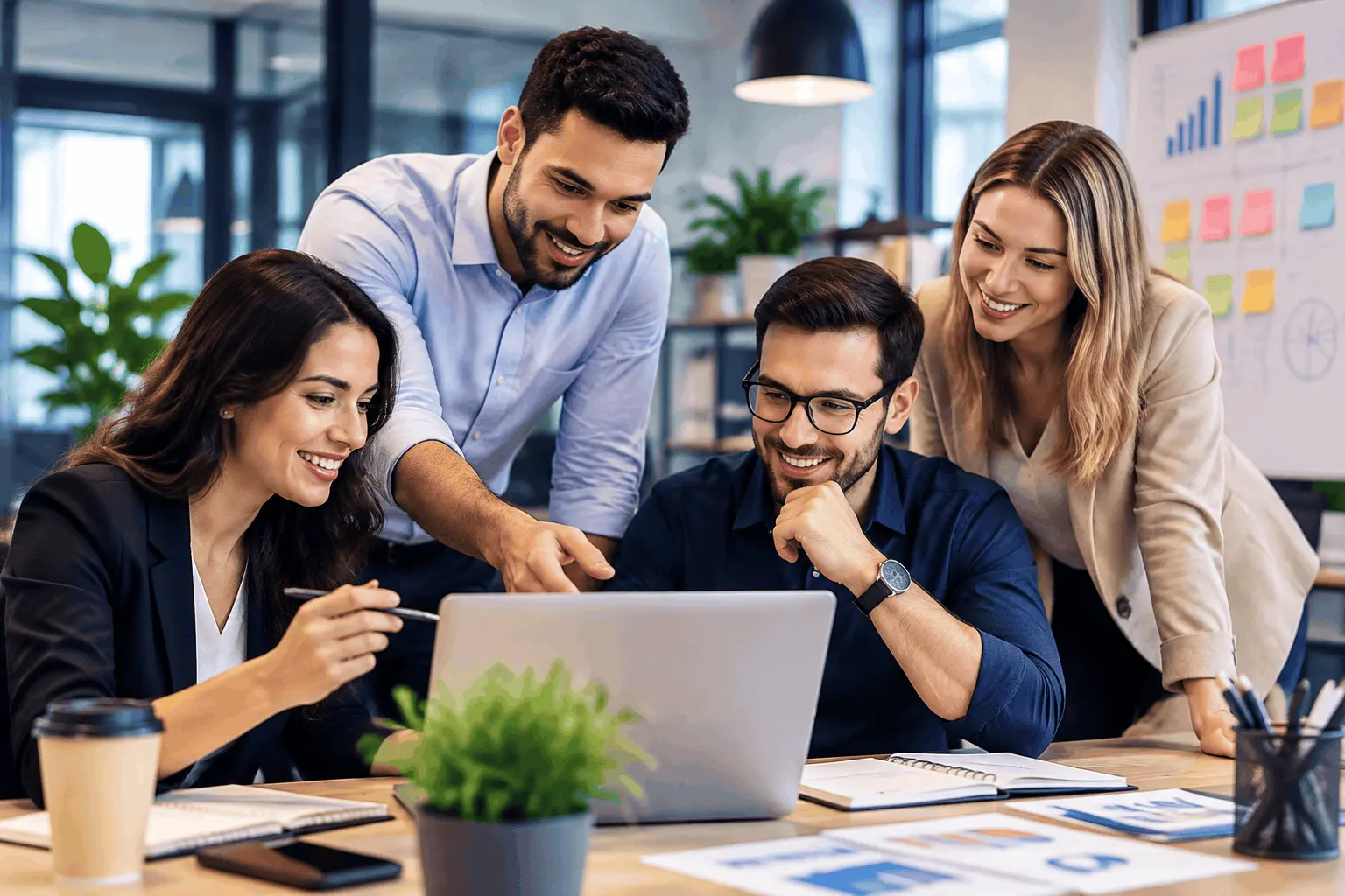 Four professionals collaborating around a laptop in a bright modern office while reviewing business charts and sharing ideas.