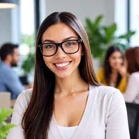 Smiling professional beside a laptop with purple question mark graphics in a modern office.