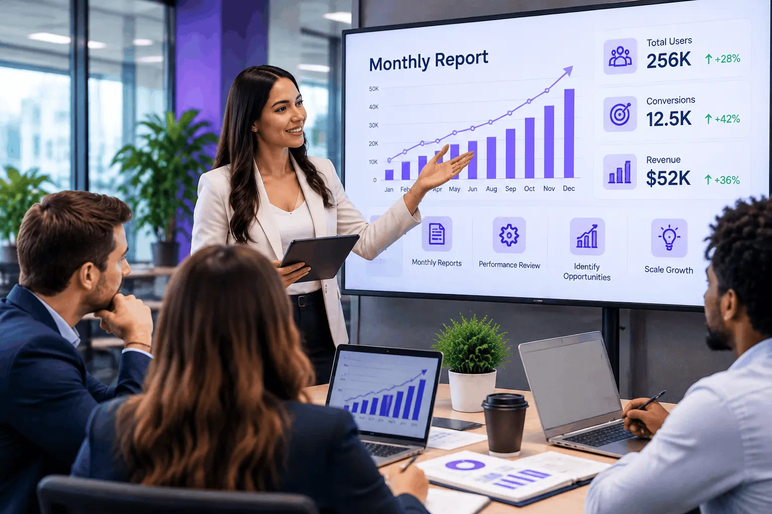 Marketing professional presenting monthly performance reports and growth charts to a team.