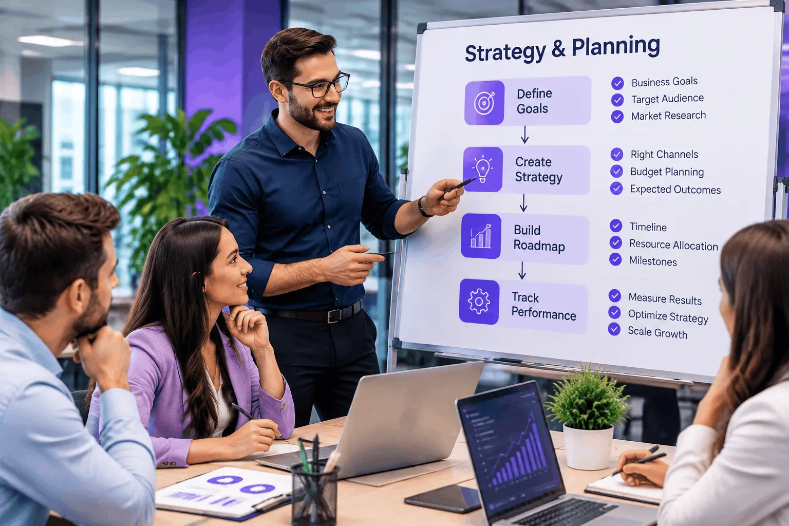 IT consultant presenting a business strategy roadmap to colleagues in a modern office.