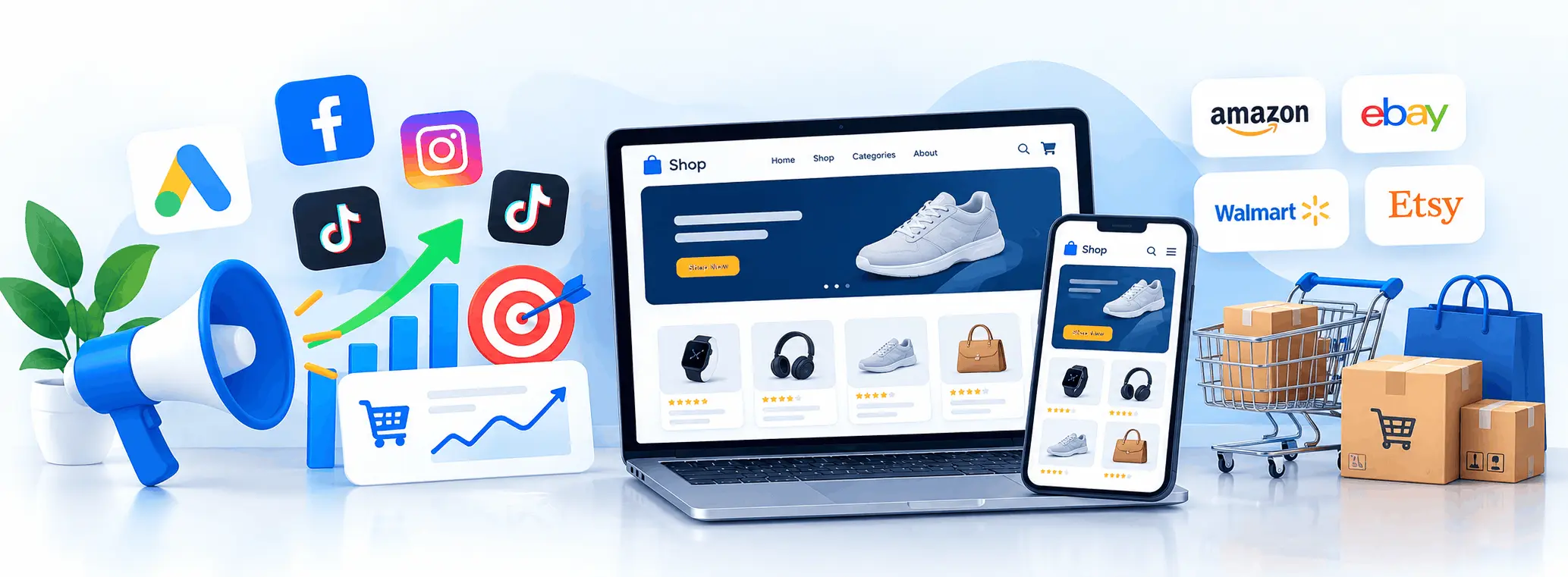 E-commerce marketing illustration featuring online shopping interfaces, product displays, and delivery packages.