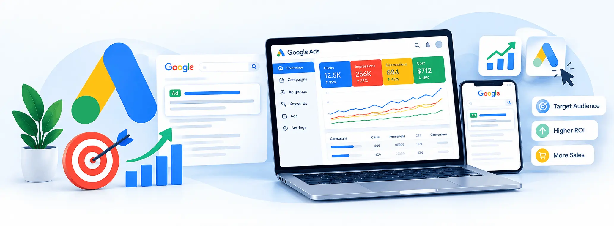 Google Ads and PPC illustration showing advertising dashboards and campaign performance metrics.