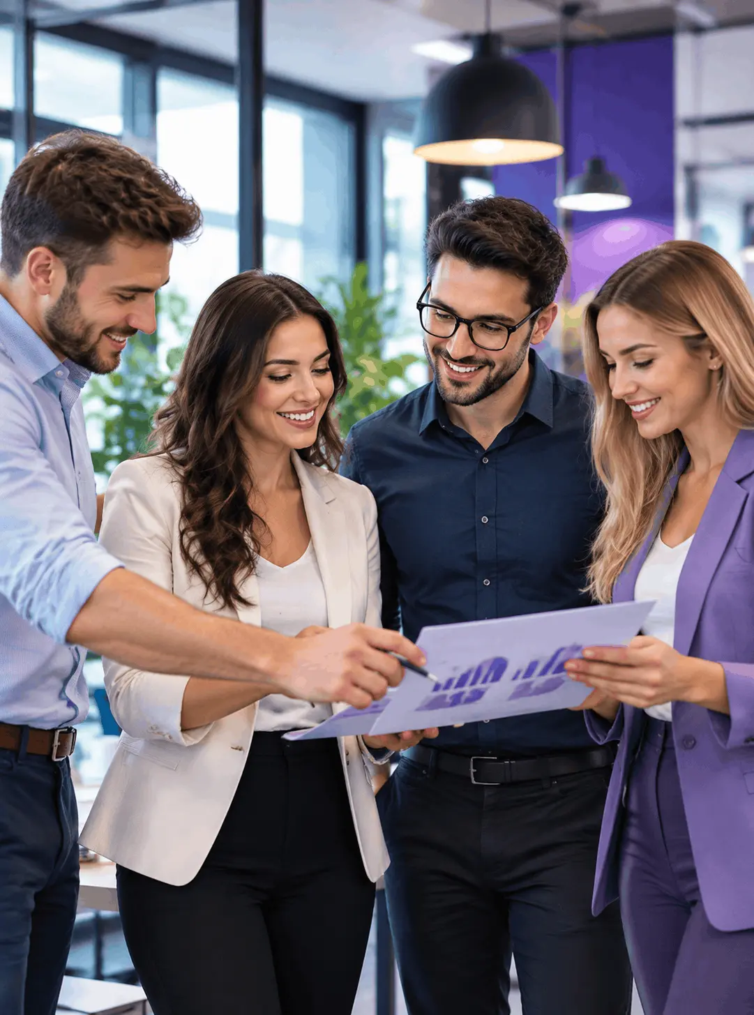 Four professionals reviewing business charts together in a bright modern office.
