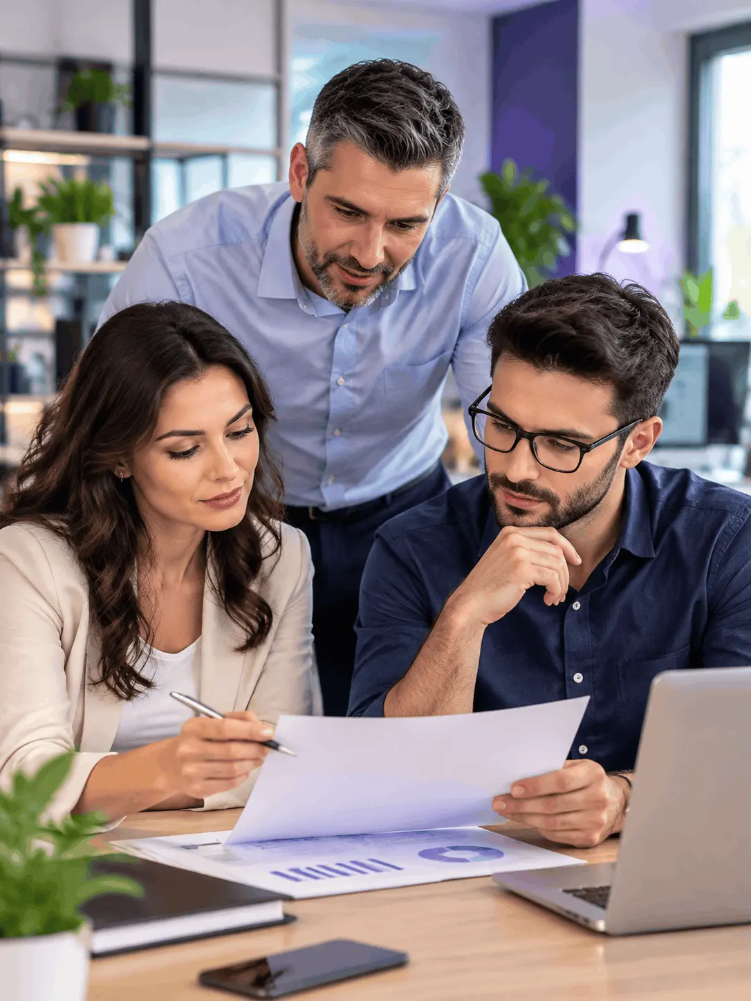 hree IT professionals reviewing business documents together in a modern office.