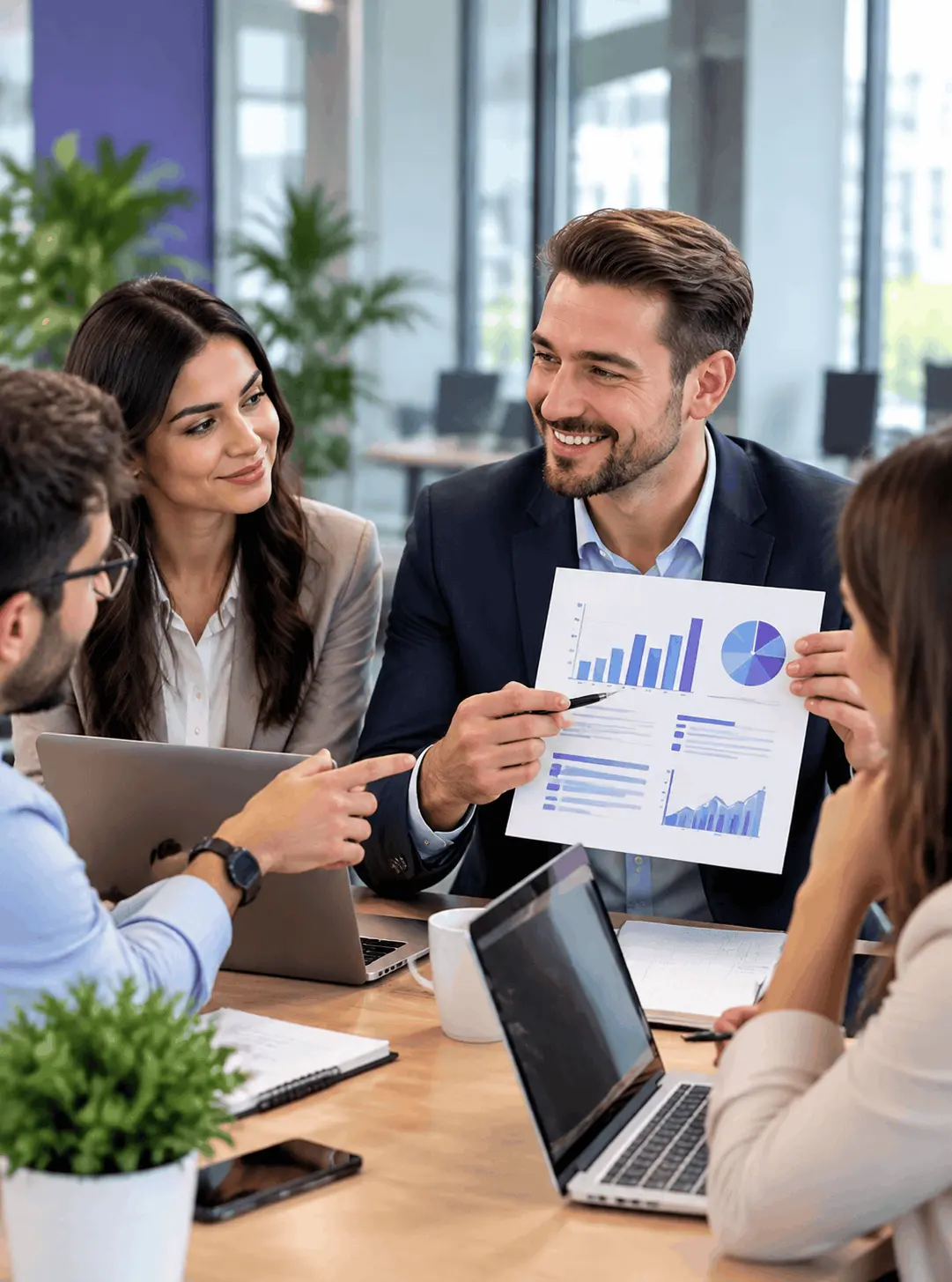 IT professionals discussing business reports and charts during a team meeting in a modern office.