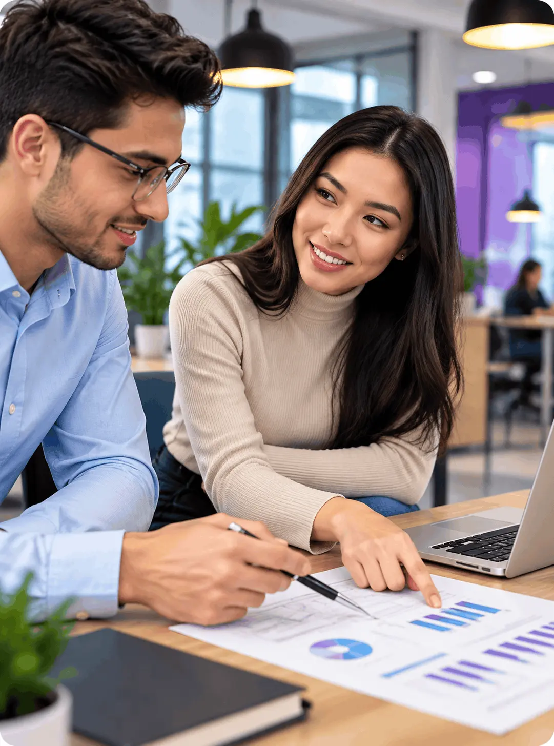 Two professionals reviewing business charts and documents together at a laptop in a modern office.