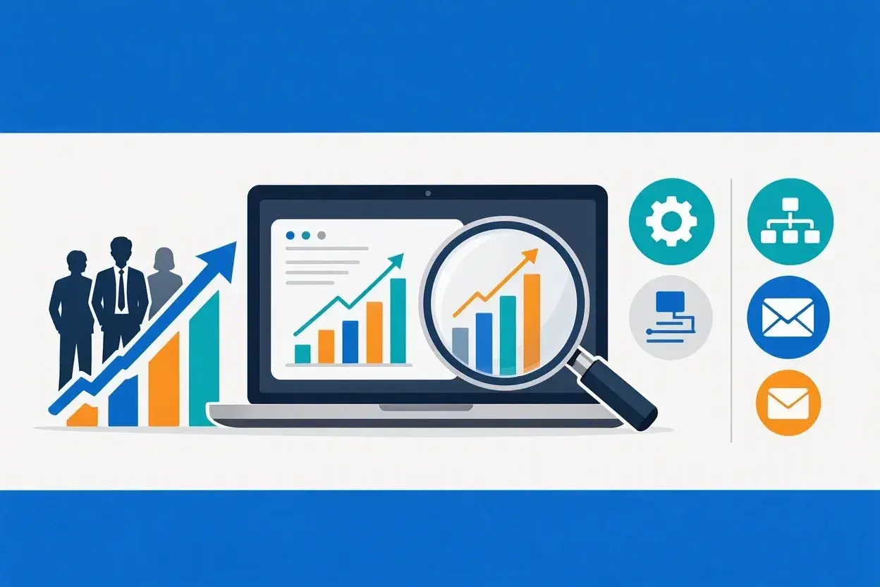SEO analytics illustration showing search performance charts and website optimization tools.