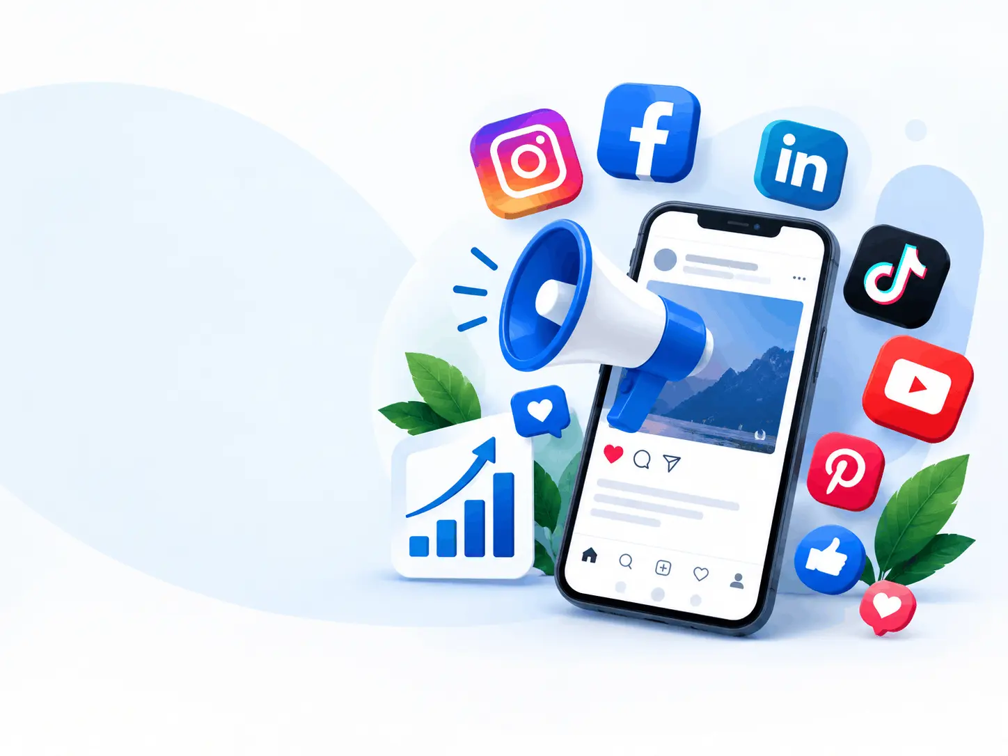 Social media marketing illustration featuring smartphones and social media platform icons.