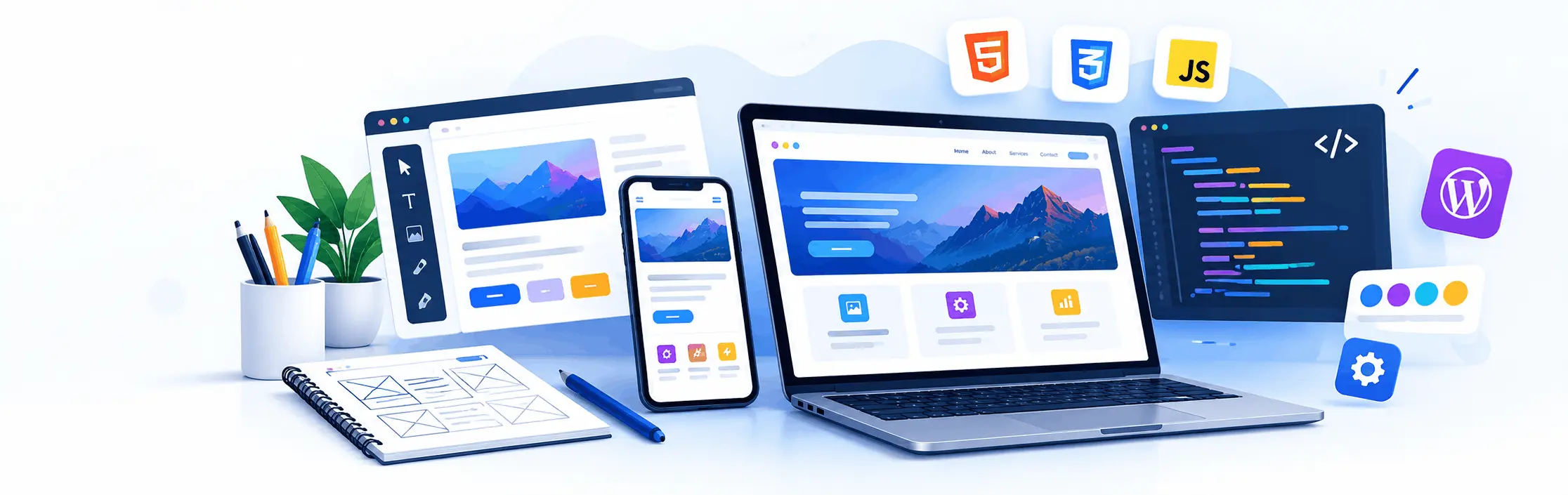 Responsive website design illustration featuring desktop, laptop, tablet, and mobile interfaces.